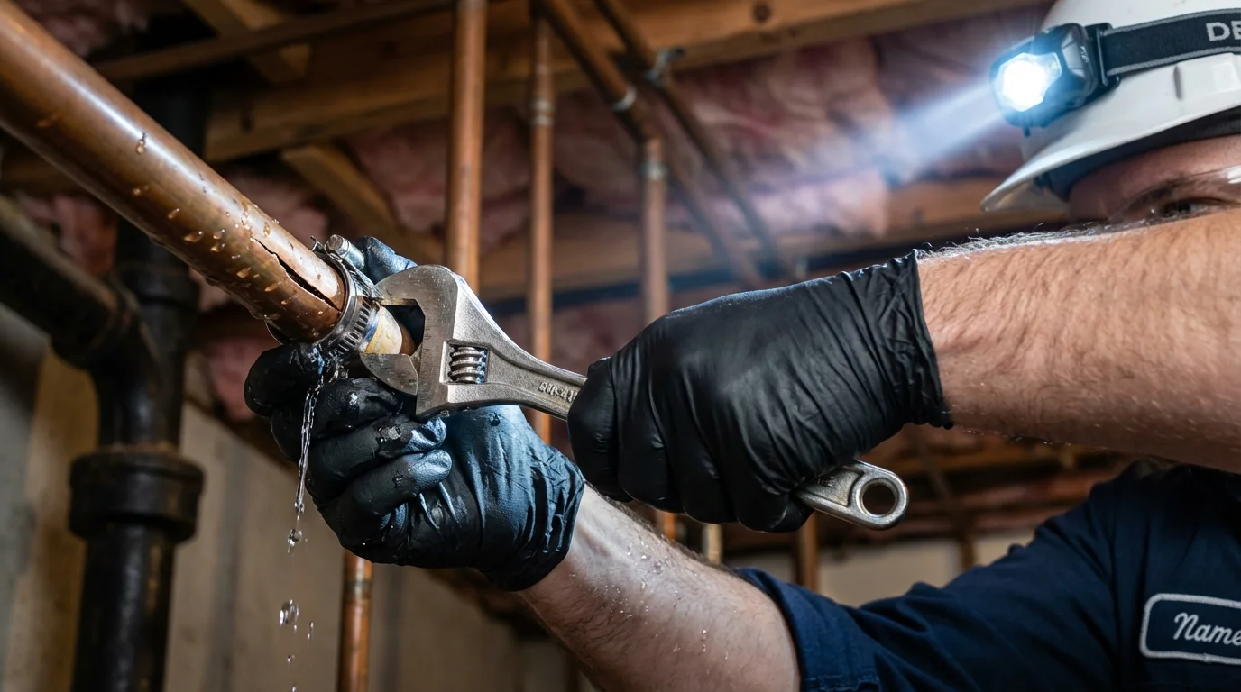Emergency pipe clamp repair being performed by a Johns Plumbing LLC plumber in Half Moon Bay