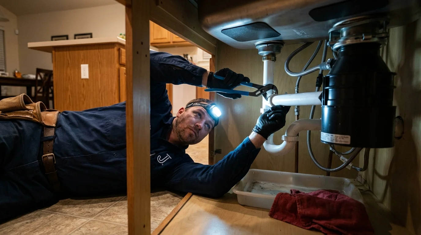 P-trap and supply line connections under a kitchen sink showing a common leak point in Half Moon Bay, CA